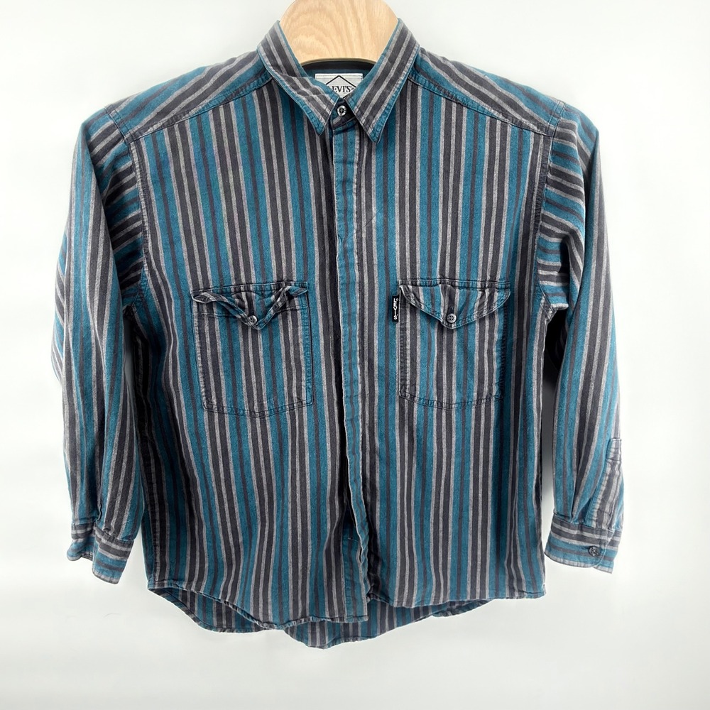Vintage Levis Diamond Label Striped Long Sleeve Shirt Mens L 1988 Black Tab Blue